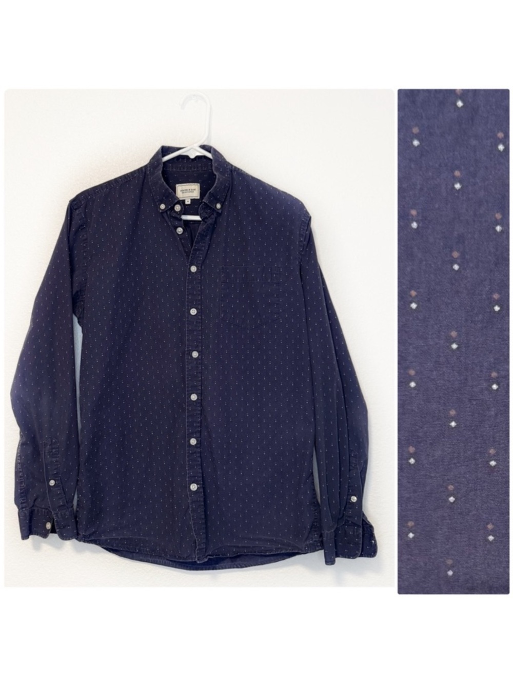 Frank & Oak Men’s Button Down Shirt with Dot Pattern in Navy Medium